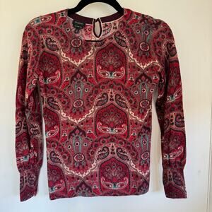 Talbots Womens Pure Merino Wool Burgundy Paisley Crew Neck Sweater Size XS